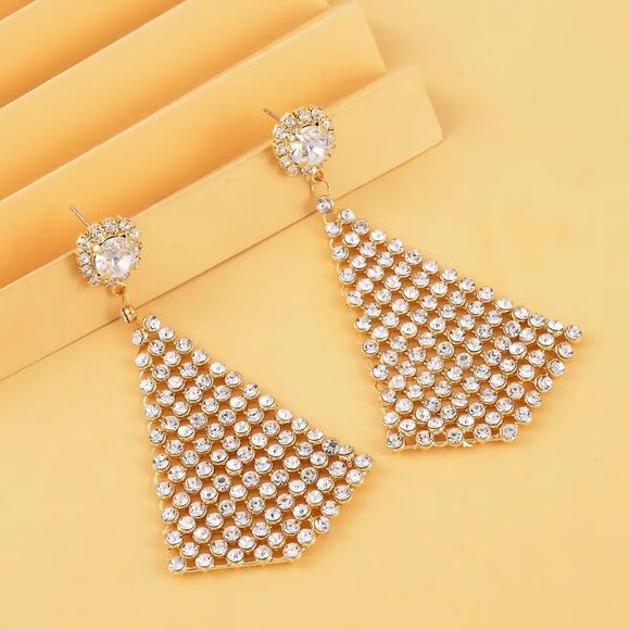 White Austrian Crystal Earrings in Goldtone Triangle Shape - Picture 2 of 7
